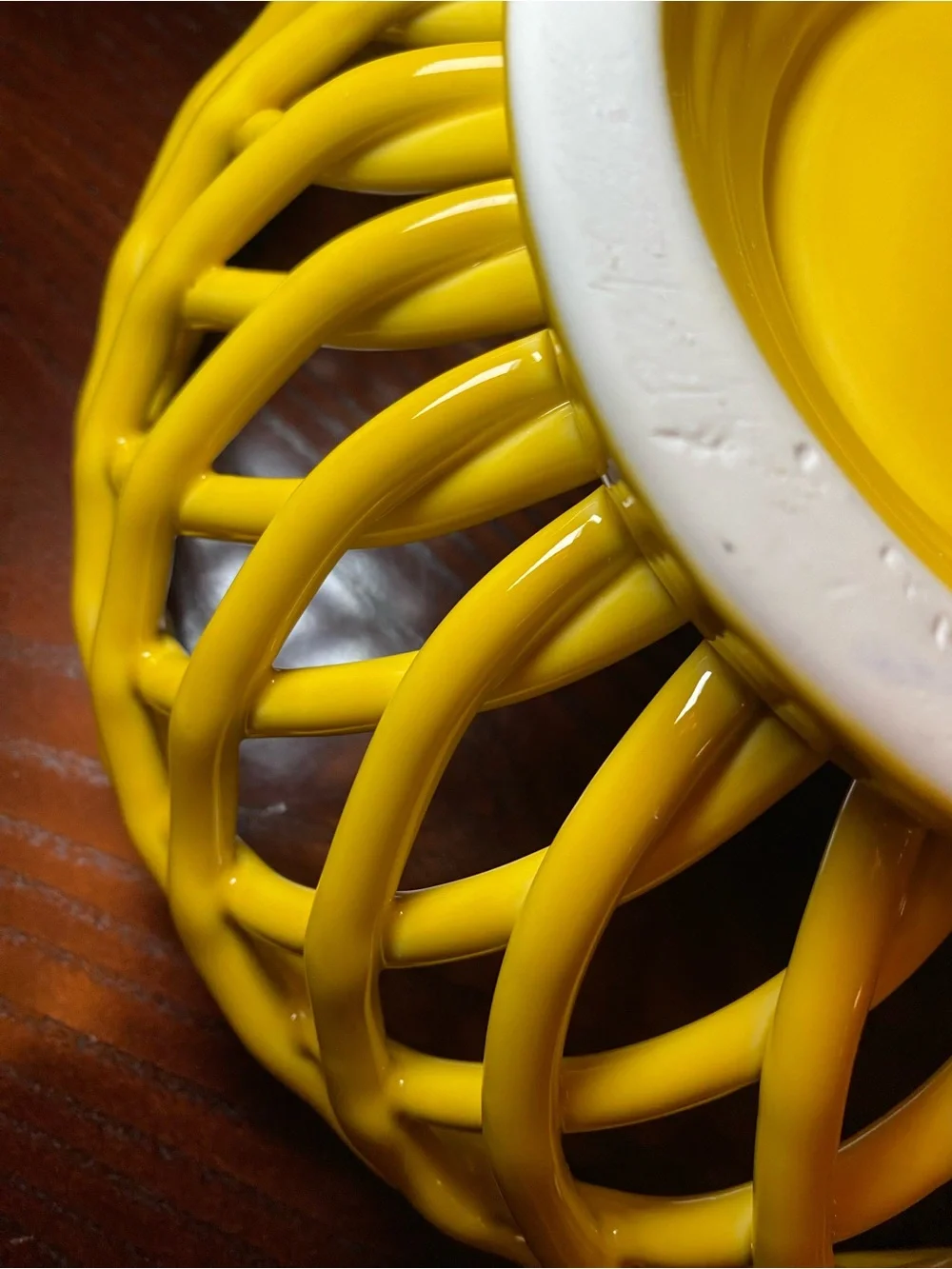 Yellow Lattice Open Weave Fruit Decorative Ceramic Basket Bowl